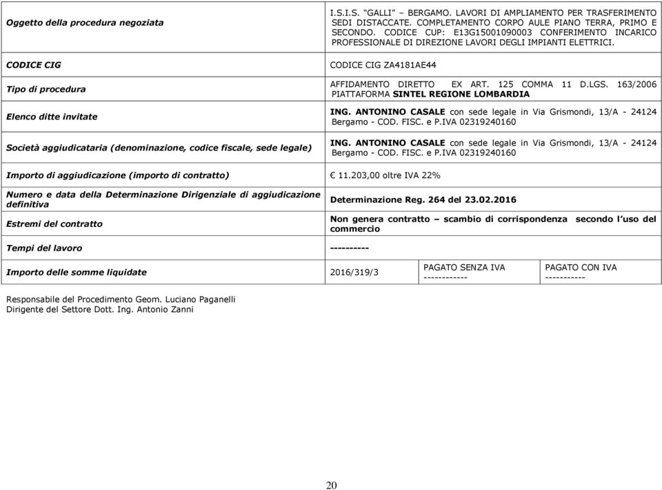 163/2006 PIATTAFORMA SINTEL REGIONE LOMBARDIA ING. ANTONINO CASALE con sede legale in Via Grismondi, 13/A - 24124 Bergamo - COD. FISC. e P.IVA 02319240160 ING.