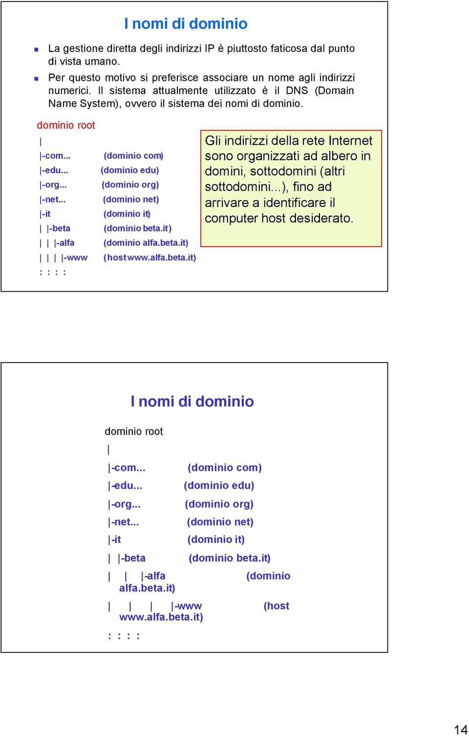 .. (dominio net) -it (dominio it) -beta (dominio beta.it) -alfa (dominio alfa.beta.it) -www (hostwww.alfa.beta.it) : : : : Gli indirizzi della rete Internet sono organizzati ad albero in domini, sottodomini (altri sottodomini.