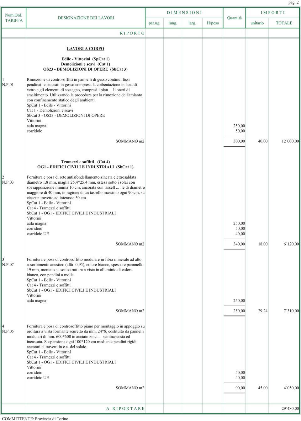 SpCat 1 - Edile - Vittorini SbCat 3 - OS23 - DEMOLIZIONI DI OPERE Vittorini aula magna 250,00 corridoio 50,00 SOMMANO m2 300,00 40,00 12 000,00 Tramezzi e soffitti (Cat 4) OG1 - EDIFICI CIVILI E