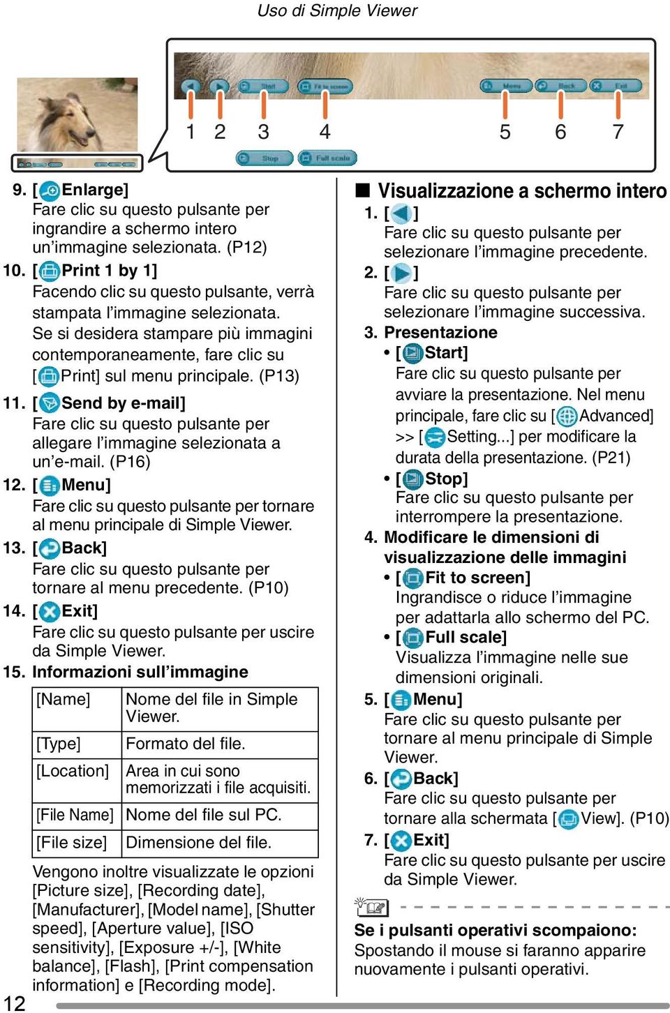 [ Menu] tornare al menu principale di Simple Viewer. 13. [ Back] tornare al menu precedente. (P10) 14. [ Exit] uscire da Simple Viewer. 15.