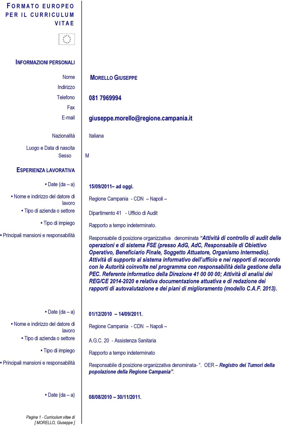 Regione Campania - CDN Napoli Dipartimento 41 - Ufficio di Audit Rapporto a tempo indeterminato.