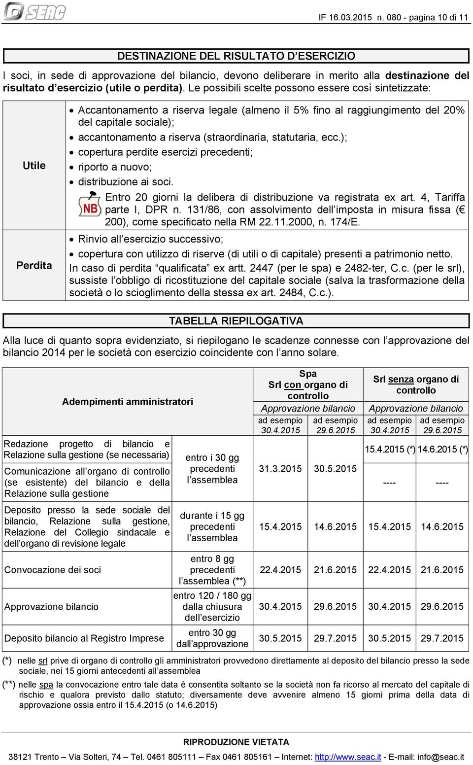 Le possibili scelte possono essere così sintetizzate: Utile Perdita Accantonamento a riserva legale (almeno il 5% fino al raggiungimento del 20% del capitale sociale); accantonamento a riserva