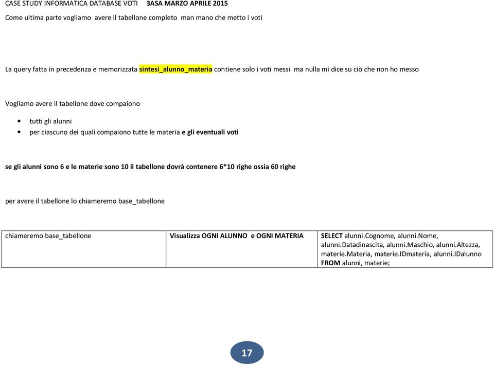 alunni sono 6 e le materie sono 10 il tabellone dovrà contenere 6*10 righe ossia 60 righe per avere il tabellone lo chiameremo base_tabellone chiameremo base_tabellone Visualizza