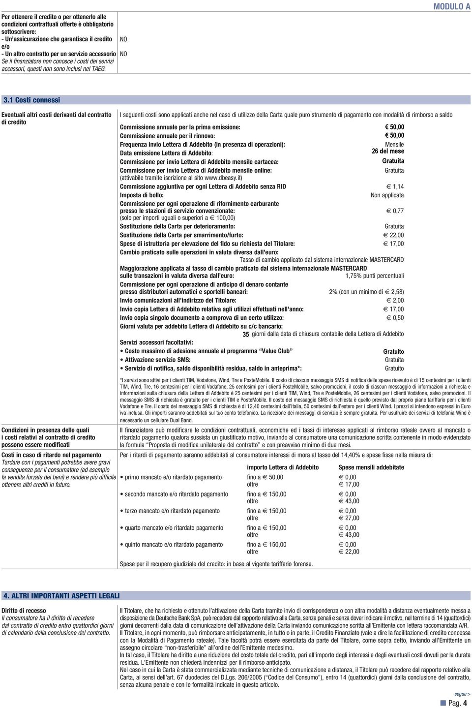 1 Costi connessi Eventuali altri costi derivanti dal contratto di credito Condizioni in presenza delle quali i costi relativi al contratto di credito possono essere modificati Costi in caso di