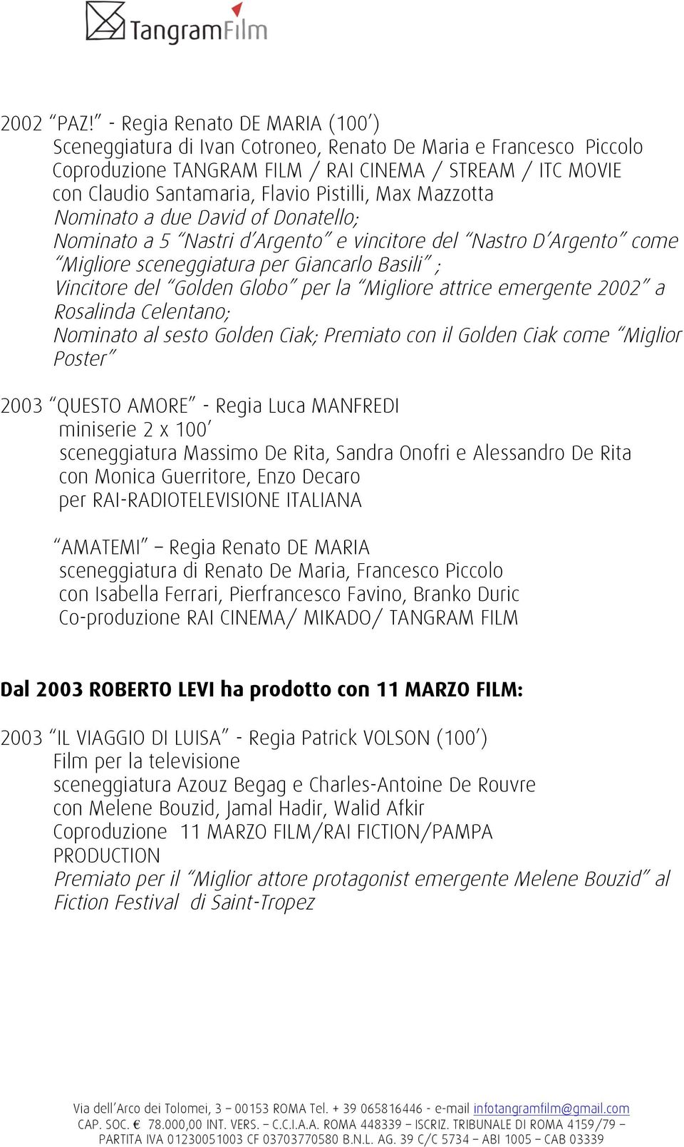 Max Mazzotta Nominato a due David of Donatello; Nominato a 5 Nastri d Argento e vincitore del Nastro D Argento come Migliore sceneggiatura per Giancarlo Basili ; Vincitore del Golden Globo per la