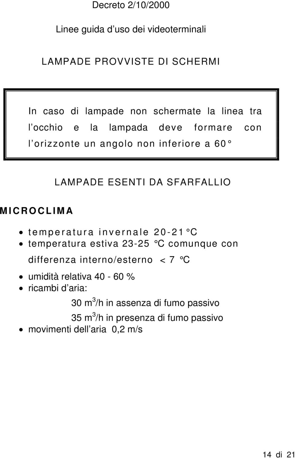 temperatura invernale 20-21 C temperatura estiva 23-25 C comunque con differenza interno/esterno < 7 C umidità relativa 40-60