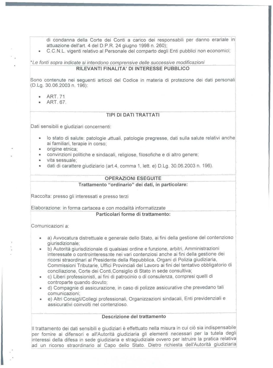 PÙBBLICO Sono contenute nei seguenti articoli del Codice in materia di protezione dei dati personali (D.Lg. 30.06.2003 n. 196): ARI. 71 ARI. 67.