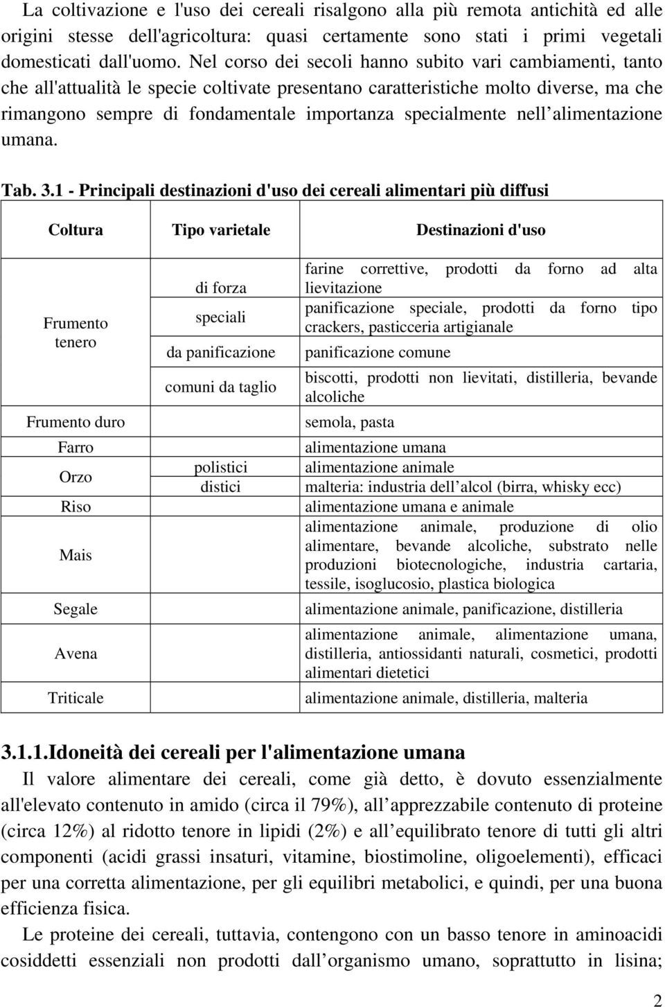 specialmente nell alimentazione umana. Tab. 3.