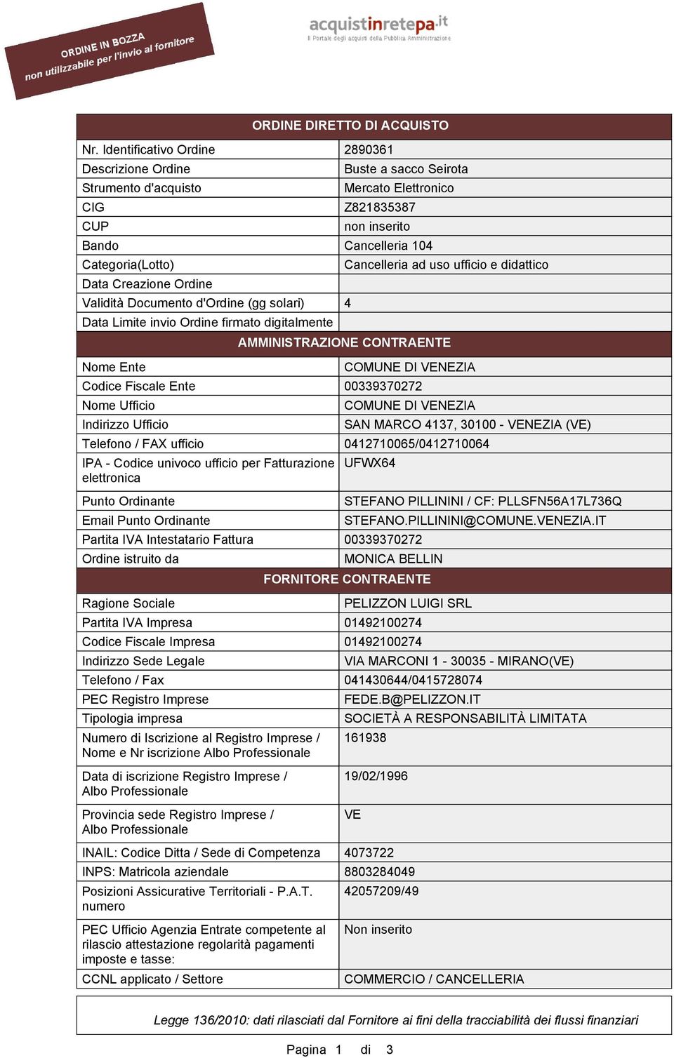 uso ufficio e didattico Data Creazione Ordine Validità Documento d'ordine (gg solari) 4 Data Limite invio Ordine firmato digitalmente AMMINISTRAZIONE CONTRAENTE Nome Ente Codice Fiscale Ente Nome