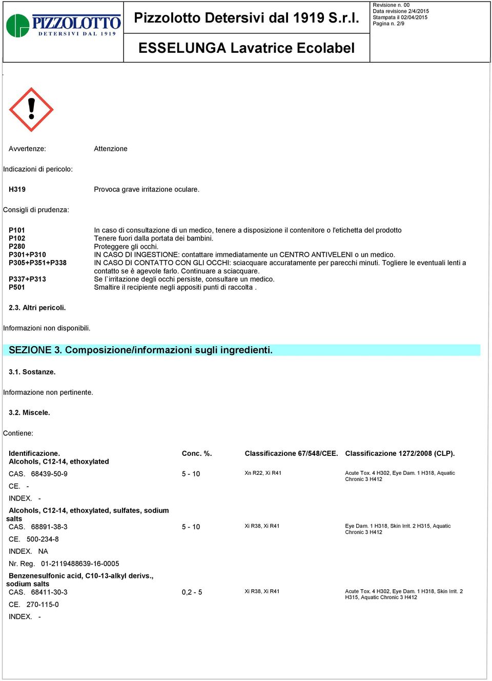 P280 Proteggere gli occhi. P301+P310 IN CASO DI INGESTIONE: contattare immediatamente un CENTRO ANTIVELENI o un medico.