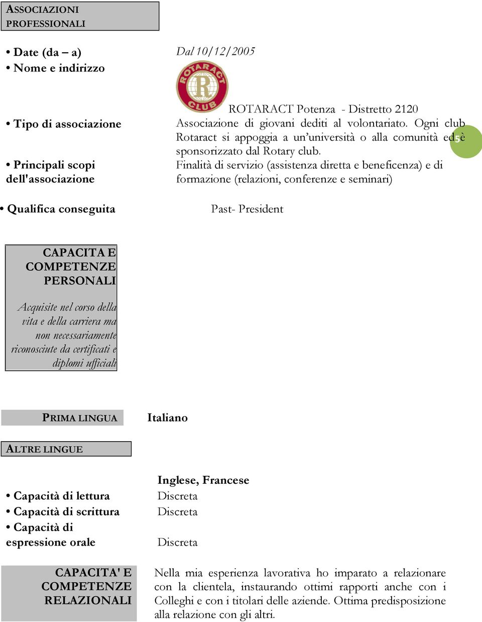 Finalità di servizio (assistenza diretta e beneficenza) e di formazione (relazioni, conferenze e seminari) Past- President CAPACITA E COMPETENZE PERSONALI Acquisite nel corso della vita e della