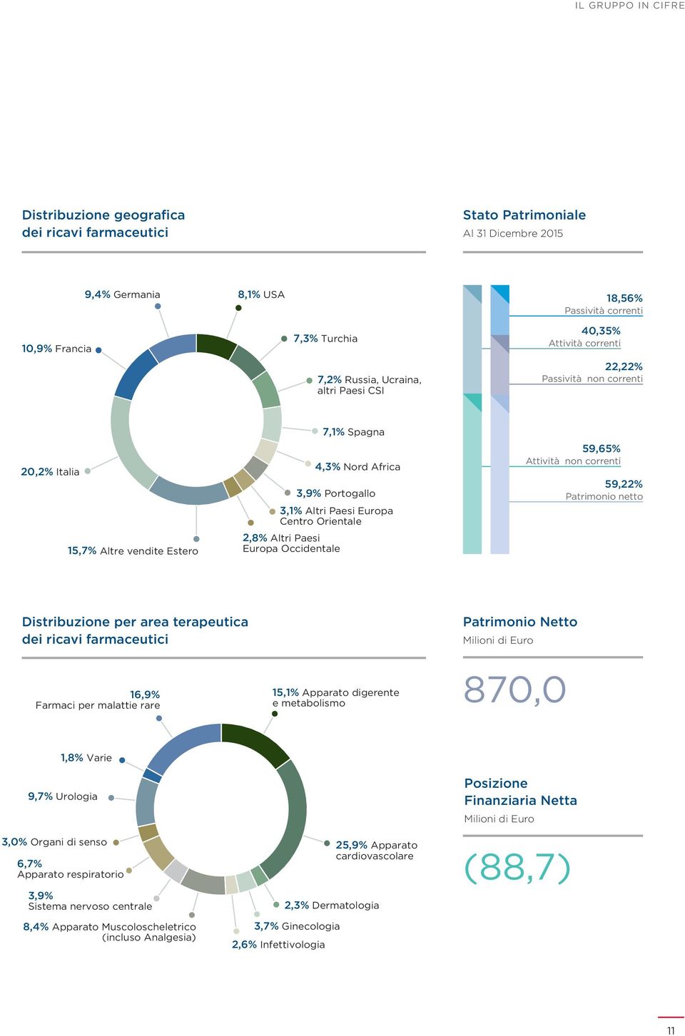 Orientale 2,8% Altri Paesi Europa Occidentale 59,65% Attività non correnti 59,22% Patrimonio netto Distribuzione per area terapeutica dei ricavi farmaceutici 16,9% Farmaci per malattie rare 15,1%