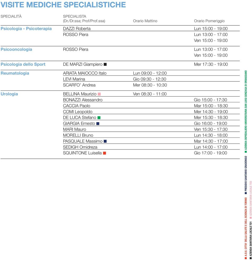Psicologia dello Sport DE MARZI Giampiero Mer 17:30-19:00 Reumatologia ARIATA MAIOCCO Italo Lun 09:00-12:00 LEVI Marina Gio 09:30-12:30 SCARFO Andrea Mer 08:30-10:30 Urologia BELLINA Maurizio Ven