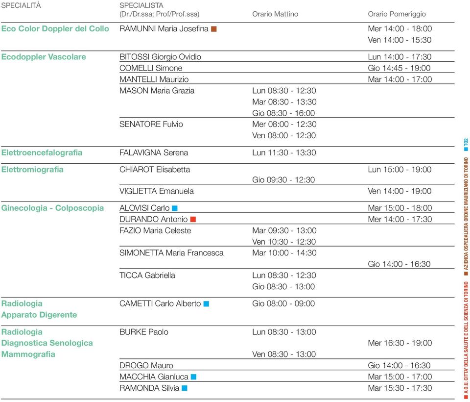 14:45-19:00 MANTELLI Maurizio Mar 14:00-17:00 MASON Maria Grazia Lun 08:30-12:30 Mar 08:30-13:30 Gio 08:30-16:00 SENATORE Fulvio Mer 08:00-12:30 Ven 08:00-12:30 Elettroencefalografia FALAVIGNA Serena