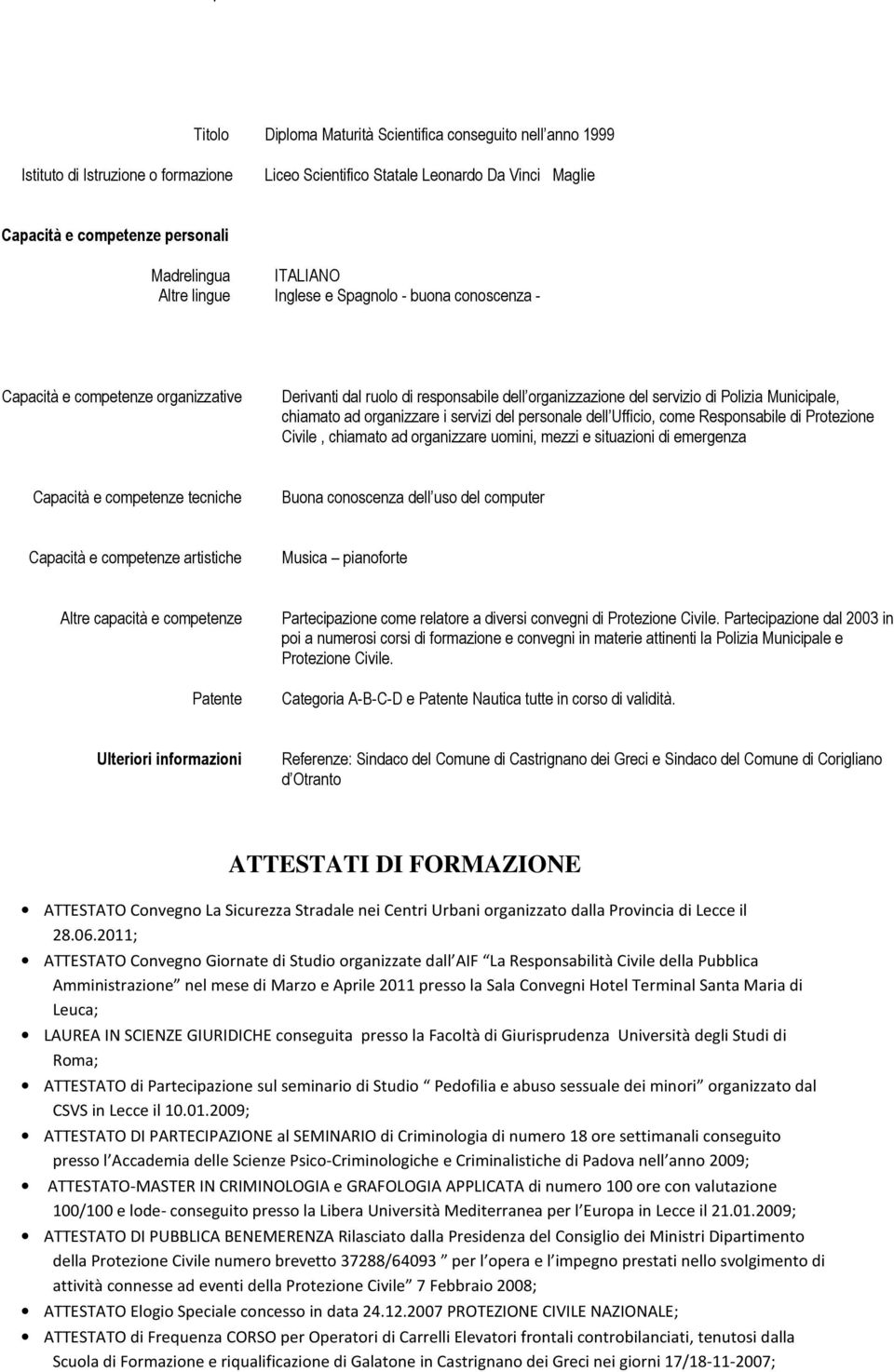 organizzare i servizi del personale dell Ufficio, come Responsabile di Protezione Civile, chiamato ad organizzare uomini, mezzi e situazioni di emergenza Capacità e competenze tecniche Buona