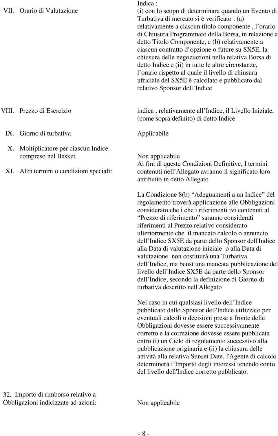 Indice e (ii) in tutte le altre circostanze, l orario rispetto al quale il livello di chiusura ufficiale del SX5E è calcolato e pubblicato dal relativo Sponsor dell Indice VIII.