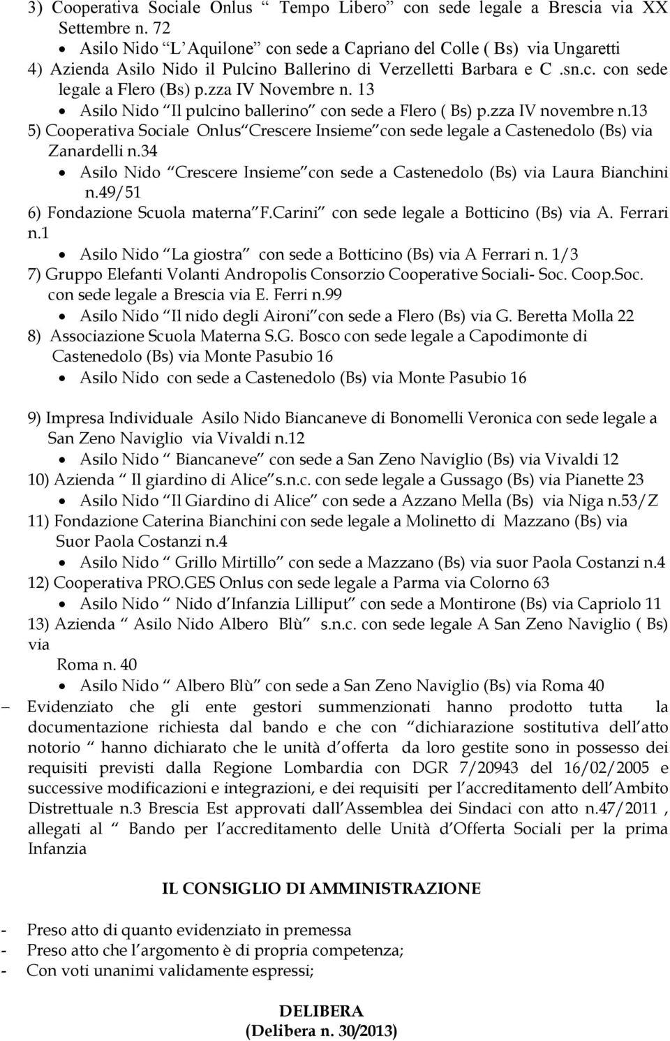 13 Asilo Nido Il pulcino ballerino con sede a Flero ( Bs) p.zza IV novembre n.13 5) Cooperativa Sociale Onlus Crescere Insieme con sede legale a Castenedolo (Bs) via Zanardelli n.