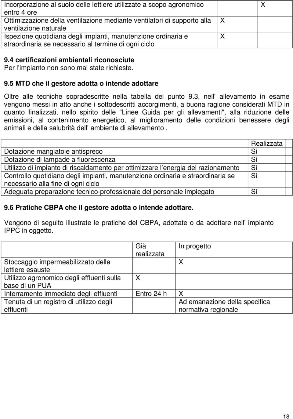 4 certificazioni ambientali riconosciute Per l impianto non sono mai state richieste. 9.5 MTD che il gestore adotta o intende adottare Oltre alle tecniche sopradescritte nella tabella del punto 9.