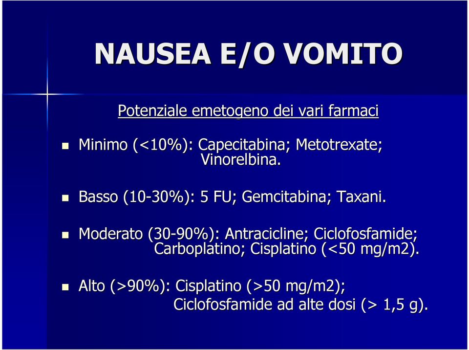 Basso (10-30%): 5 FU; Gemcitabina; Taxani.