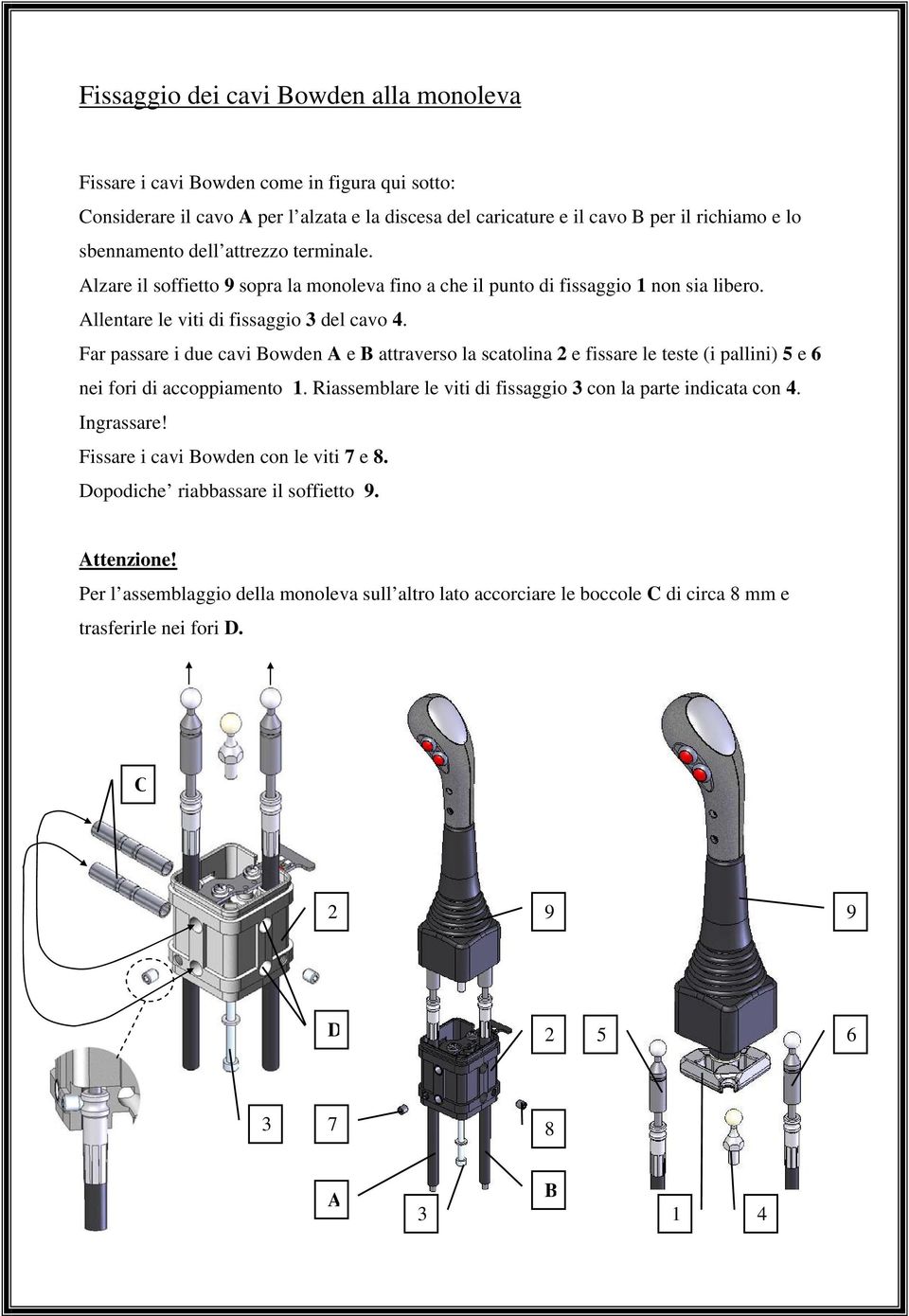 Far passare i due cavi Bowden A e B attraverso la scatolina 2 e fissare le teste (i pallini) 5 e 6 nei fori di accoppiamento 1. Riassemblare le viti di fissaggio 3 con la parte indicata con 4.