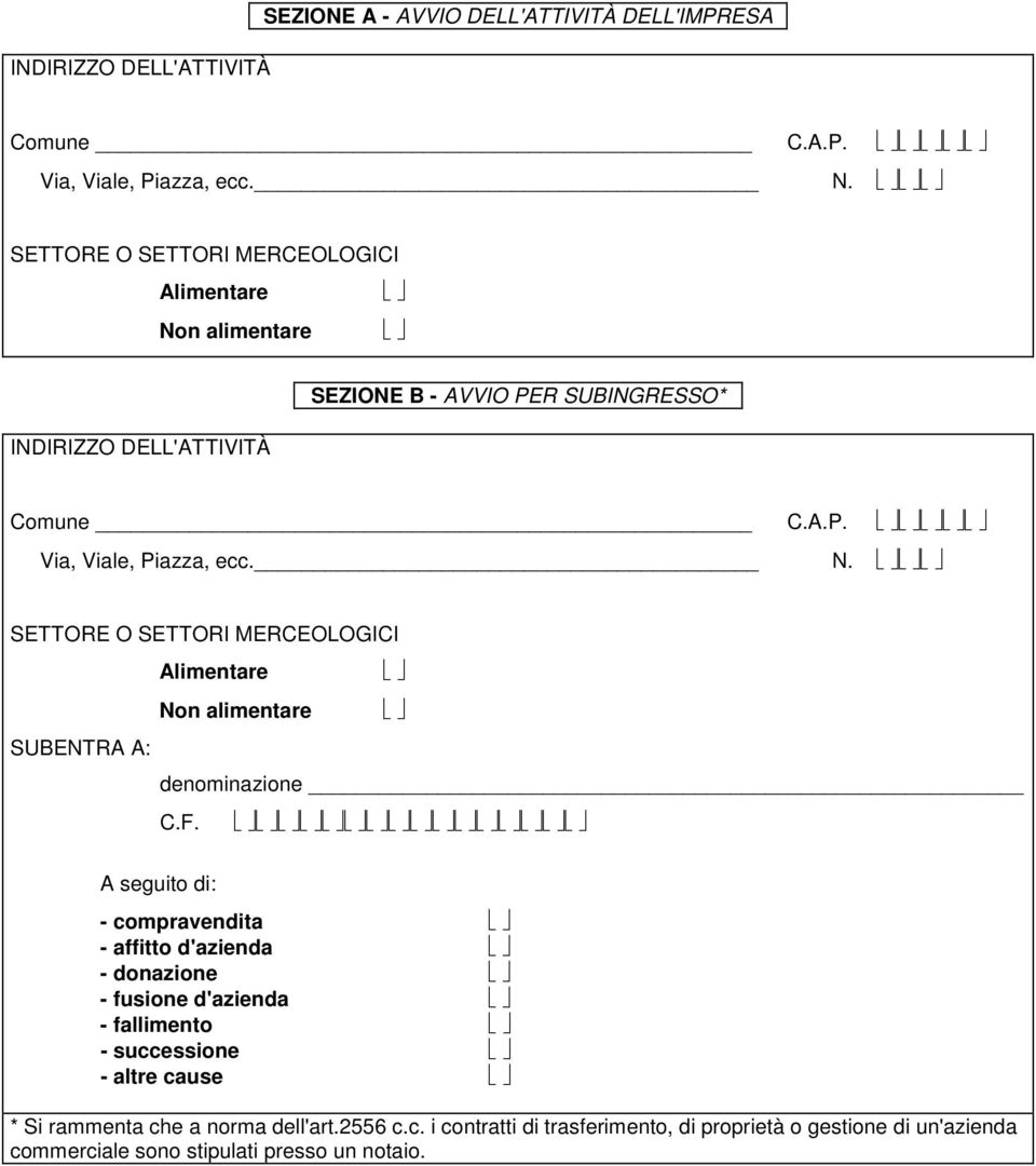 Non alimentare SUBENTRA A: denominazione C.F.