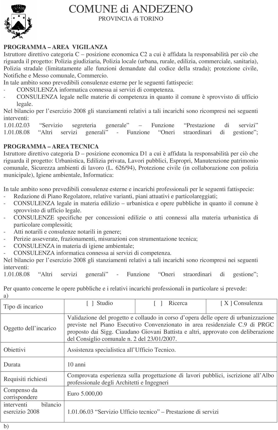 In tale ambito sono prevedibili consulenze esterne per le seguenti fattispecie: - CONSULENZA informatica connessa ai servizi di competenza.