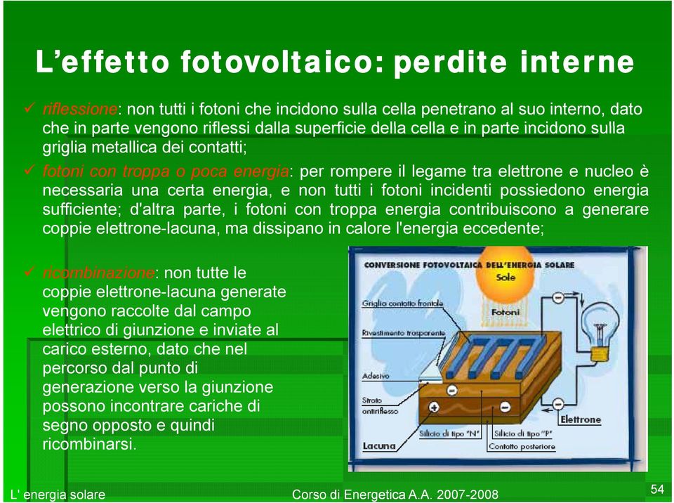 energia sufficiente; d'altra parte, i fotoni con troppa energia contribuiscono a generare coppie elettrone-lacuna, ma dissipano in calore l'energia eccedente; ricombinazione: non tutte le coppie