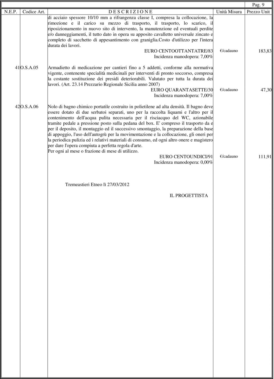 costo d'utilizzo per l'intera durata dei lavori. EURO CENTOOTTAN