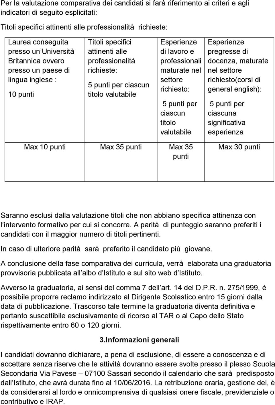 lavoro e professionali maturate nel settore richiesto: 5 punti per ciascun titolo valutabile Esperienze pregresse di docenza, maturate nel settore richiesto(corsi di general english): 5 punti per