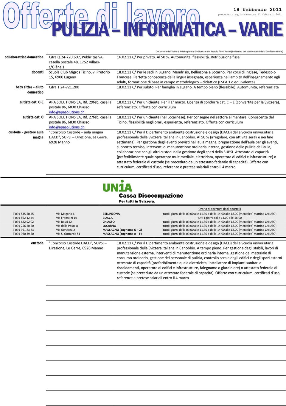 29feb, casella APA SOLUTIONS SA, Rif. 27feb, casella "Concorso Custode aula magna DACD", SUPSI Direzione, Le Gerre, 6928 Manno 6.02. C/ Per privato. Al 50 %. Automunita, flessibilità.