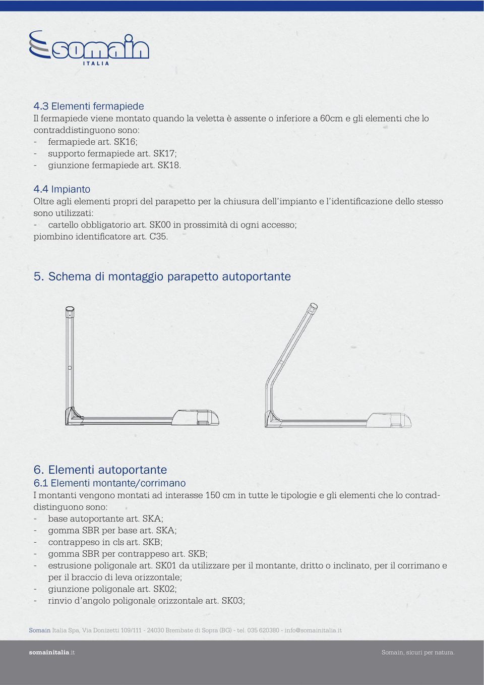 SK00 in prossimità di ogni accesso; piombino identifi catore art. C35. 5. Schema di montaggio parapetto autoportante 6. Elementi autoportante 6.