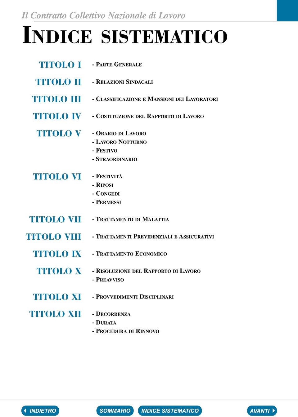 ORARIO DI LAVORO - LAVORO NOTTURNO - FESTIVO - STRAORDINARIO - FESTIVITÀ - RIPOSI - CONGEDI - PERMESSI - TRATTAMENTO DI MALATTIA - TRATTAMENTI PREVIDENZIALI