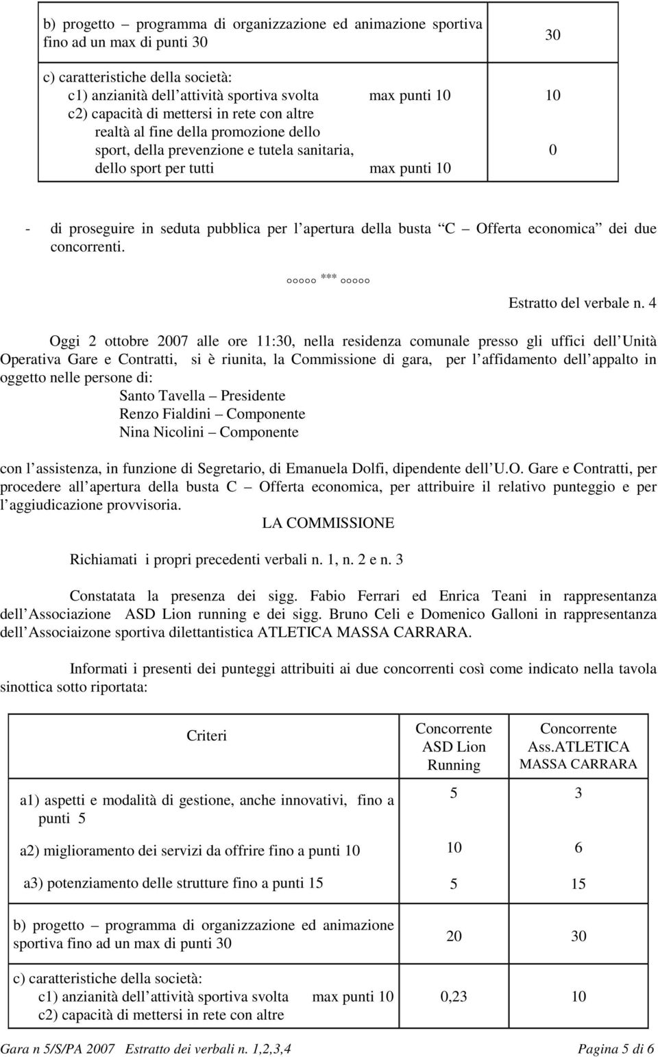 4 Oggi 2 ottobre 2007 alle ore 11:30, nella residenza comunale presso gli uffici dell Unità Operativa Gare e Contratti, si è riunita, la Commissione di gara, per l affidamento dell appalto in oggetto