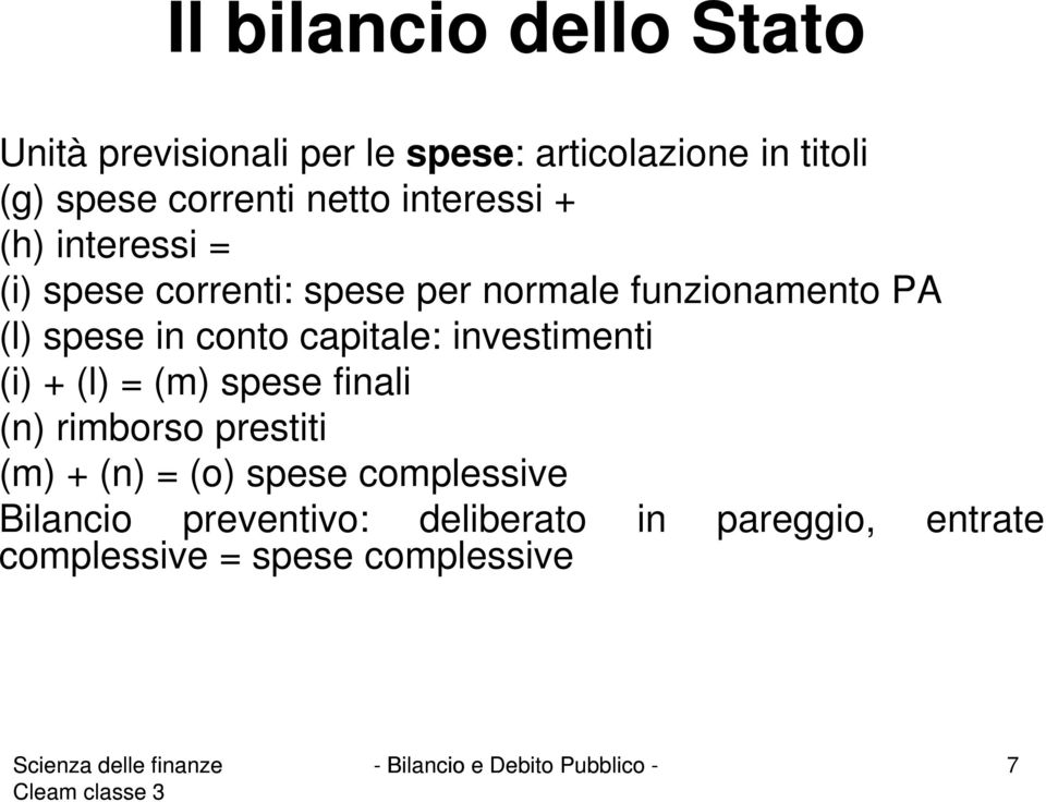 capiale: invesimeni (i) + (l) = (m) spese finali (n) rimborso presii (m) + (n) = (o) spese complessive