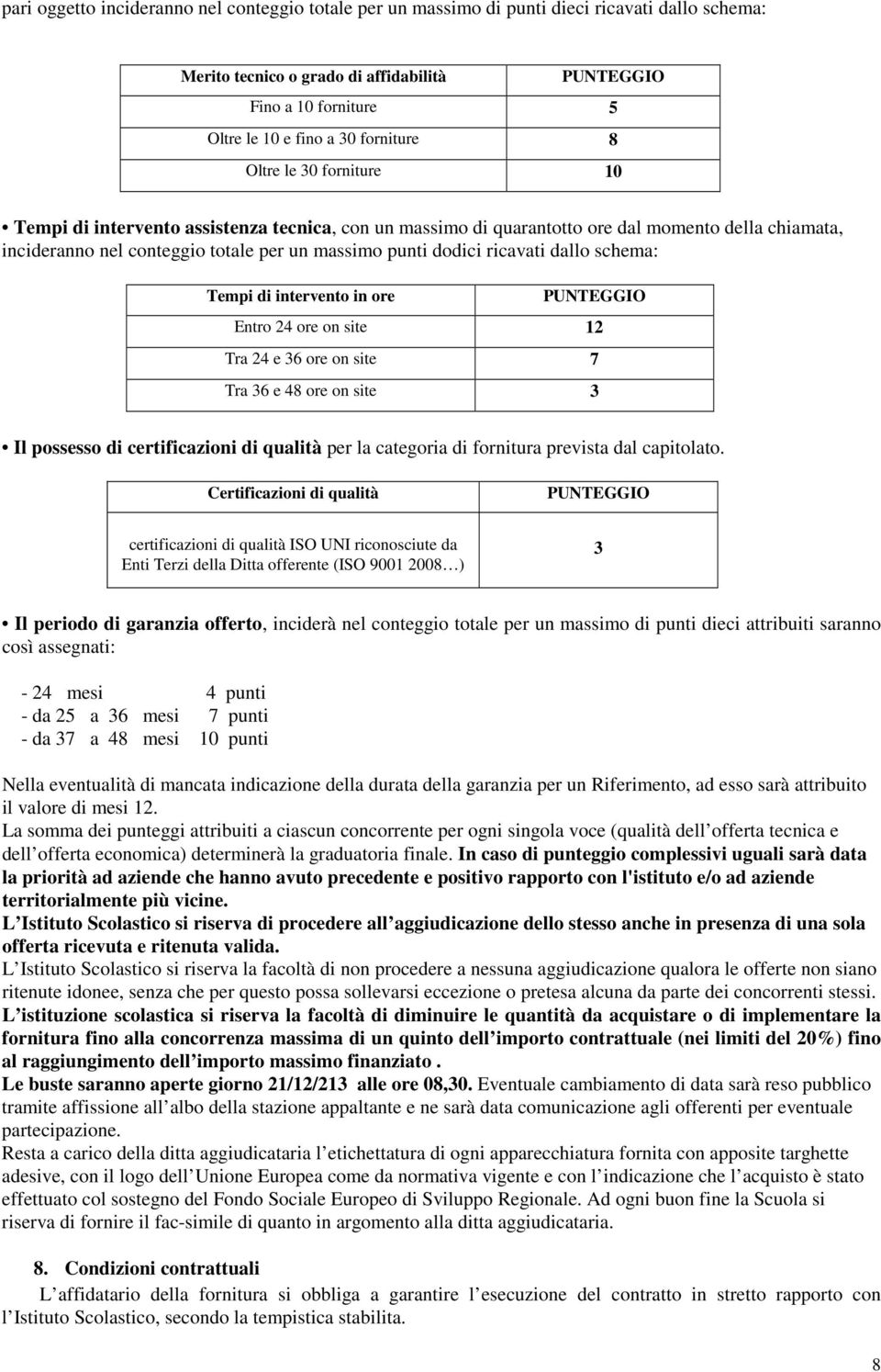 ricavati dallo schema: Tempi di intervento in ore PUNTEGGIO Entro 24 ore on site 12 Tra 24 e 36 ore on site 7 Tra 36 e 48 ore on site 3 Il possesso di certificazioni di qualità per la categoria di