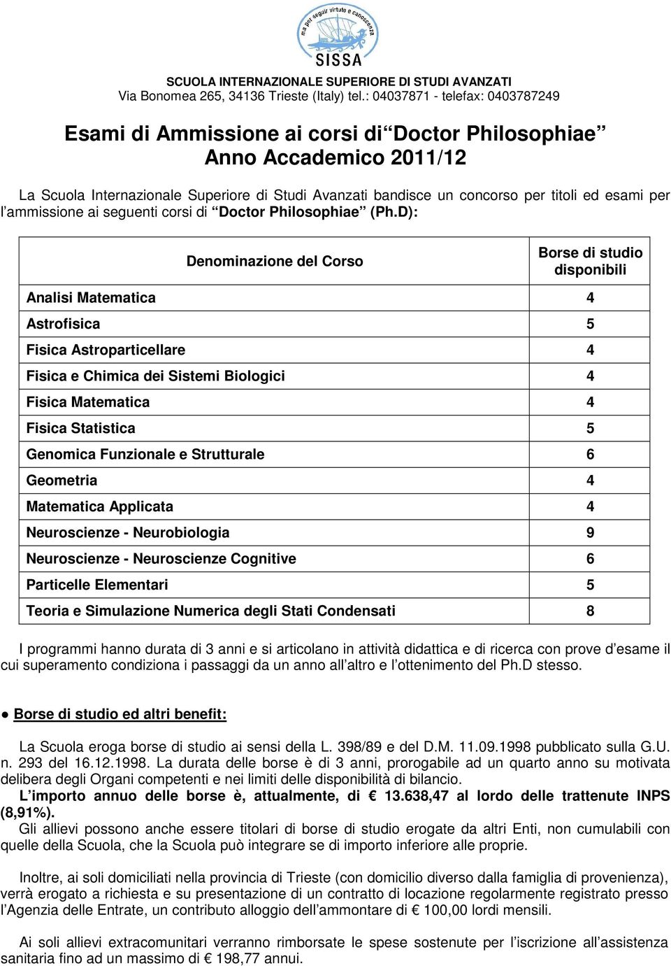 esami per l ammissione ai seguenti corsi di Doctor Philosophiae (Ph.