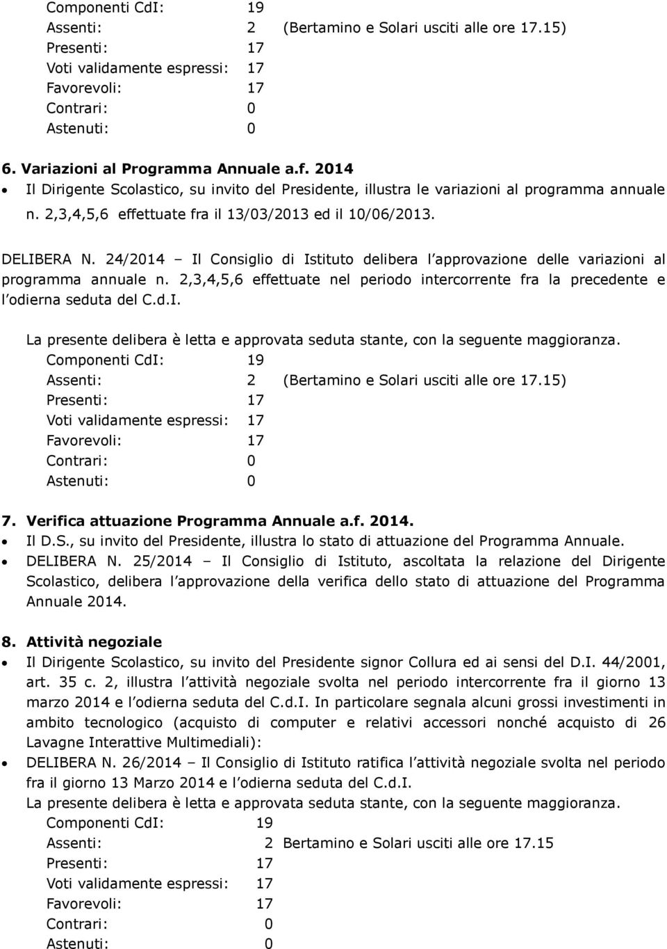 d.I. 7. Verifica attuazione Programma Annuale a.f. 2014. Il D.S., su invito del Presidente, illustra lo stato di attuazione del Programma Annuale. DELIBERA N.