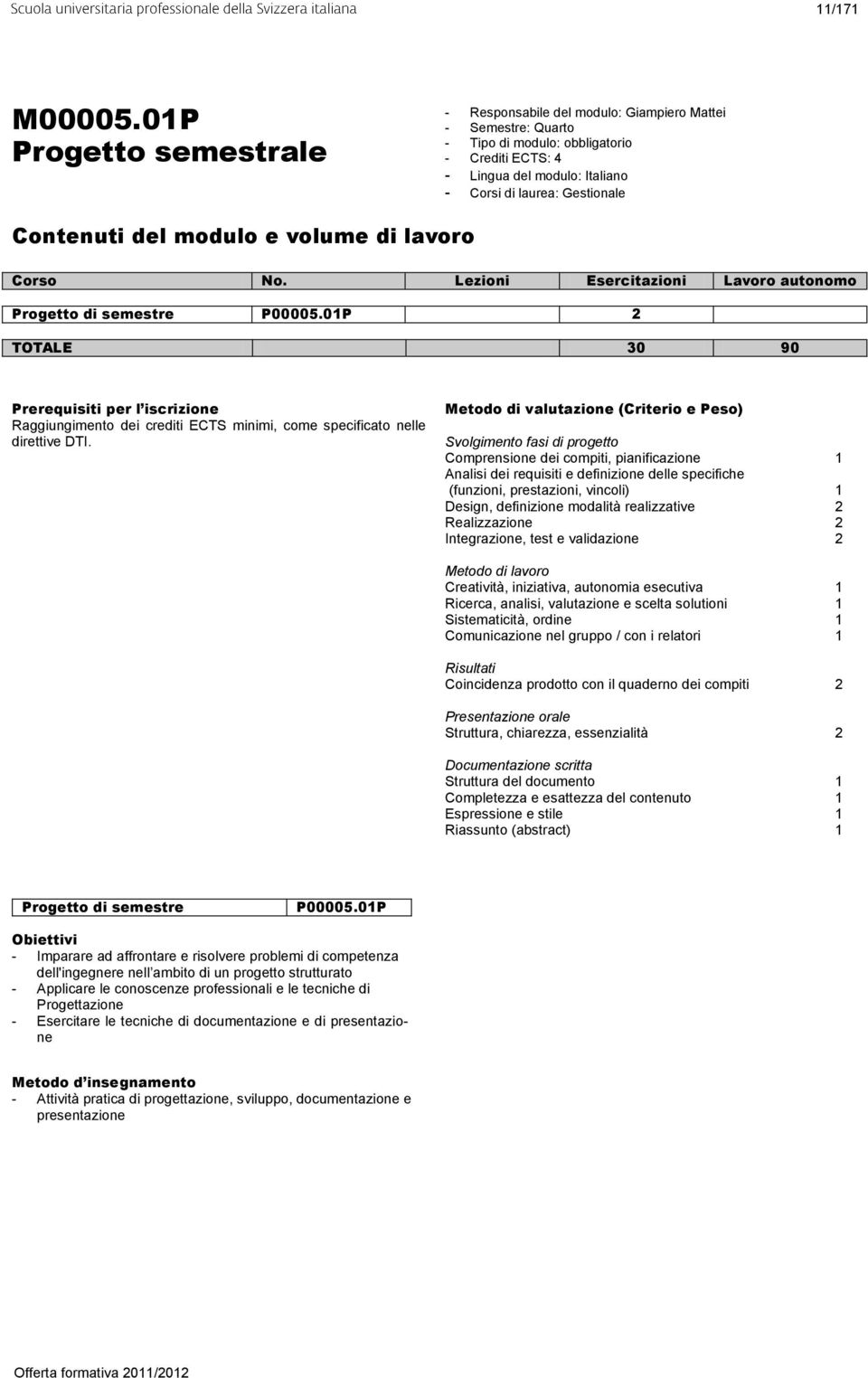 Progetto di semestre P00005.01P 2 TOTALE 30 90 Raggiungimento dei crediti ECTS minimi, come specificato nelle direttive DTI.