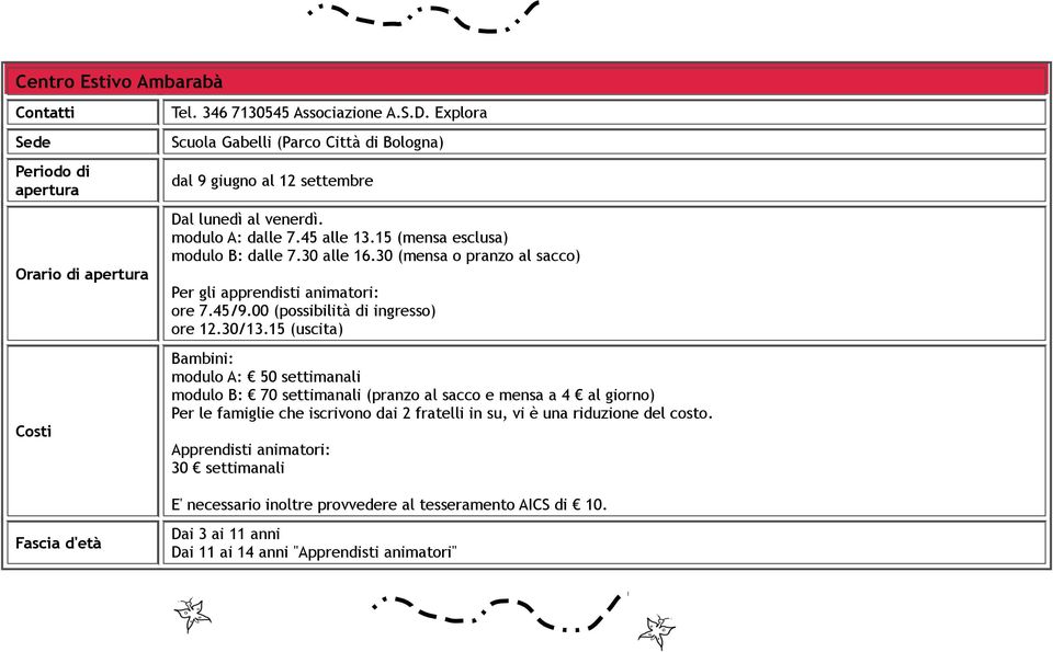 30 (mensa o pranzo al sacco) Per gli apprendisti animatori: ore 7.45/9.00 (possibilità di ingresso) ore 12.30/13.