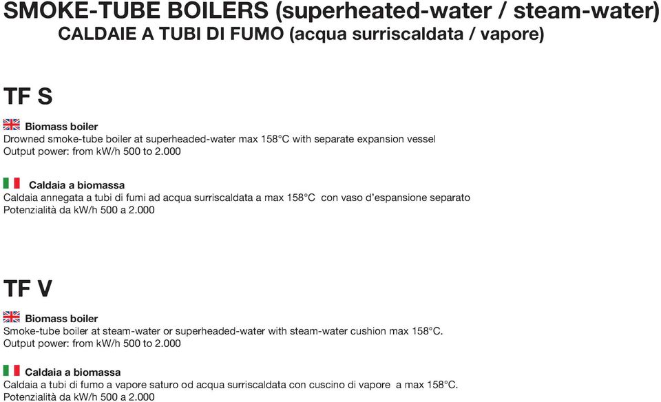 000 Caldaia a biomassa Caldaia annegata a tubi di fumi ad acqua surriscaldata a max 158 C con vaso d espansione separato Potenzialità da kw/h 500 a 2.