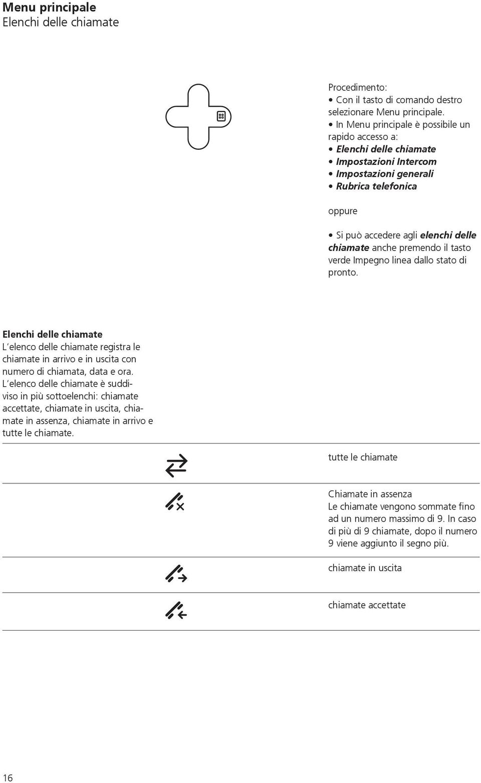 Impegno linea dallo stato di pronto. Elenchi delle chiamate L elenco delle chiamate registra le chiamate in arrivo e in uscita con numero di chiamata, data e ora.