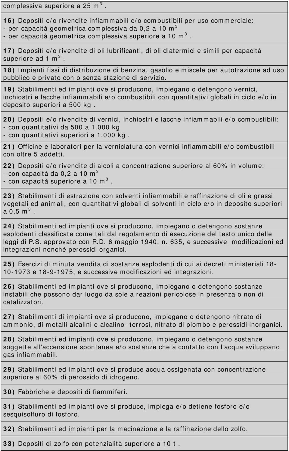 17) Depositi e/o rivendite di oli lubrificanti, di oli diatermici e simili per capacità superiore ad 1 m 3.