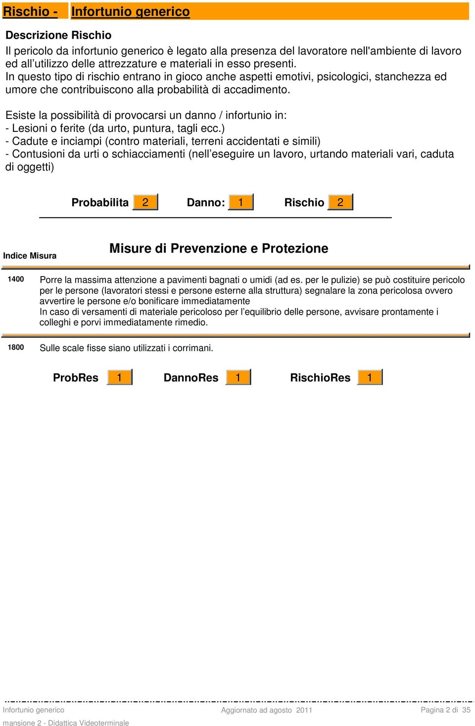 Esiste la possibilità di provocarsi un danno / infortunio in: - Lesioni o ferite (da urto, puntura, tagli ecc.