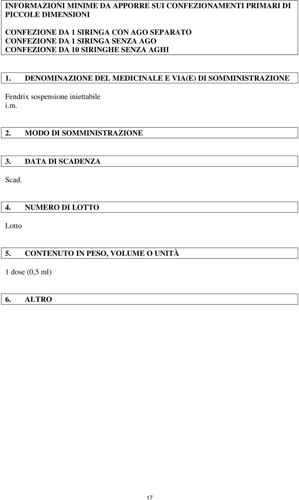 DENOMINAZIONE DEL MEDICINALE E VIA(E) DI SOMMINISTRAZIONE Fendrix sospensione iniettabile i.m. 2.