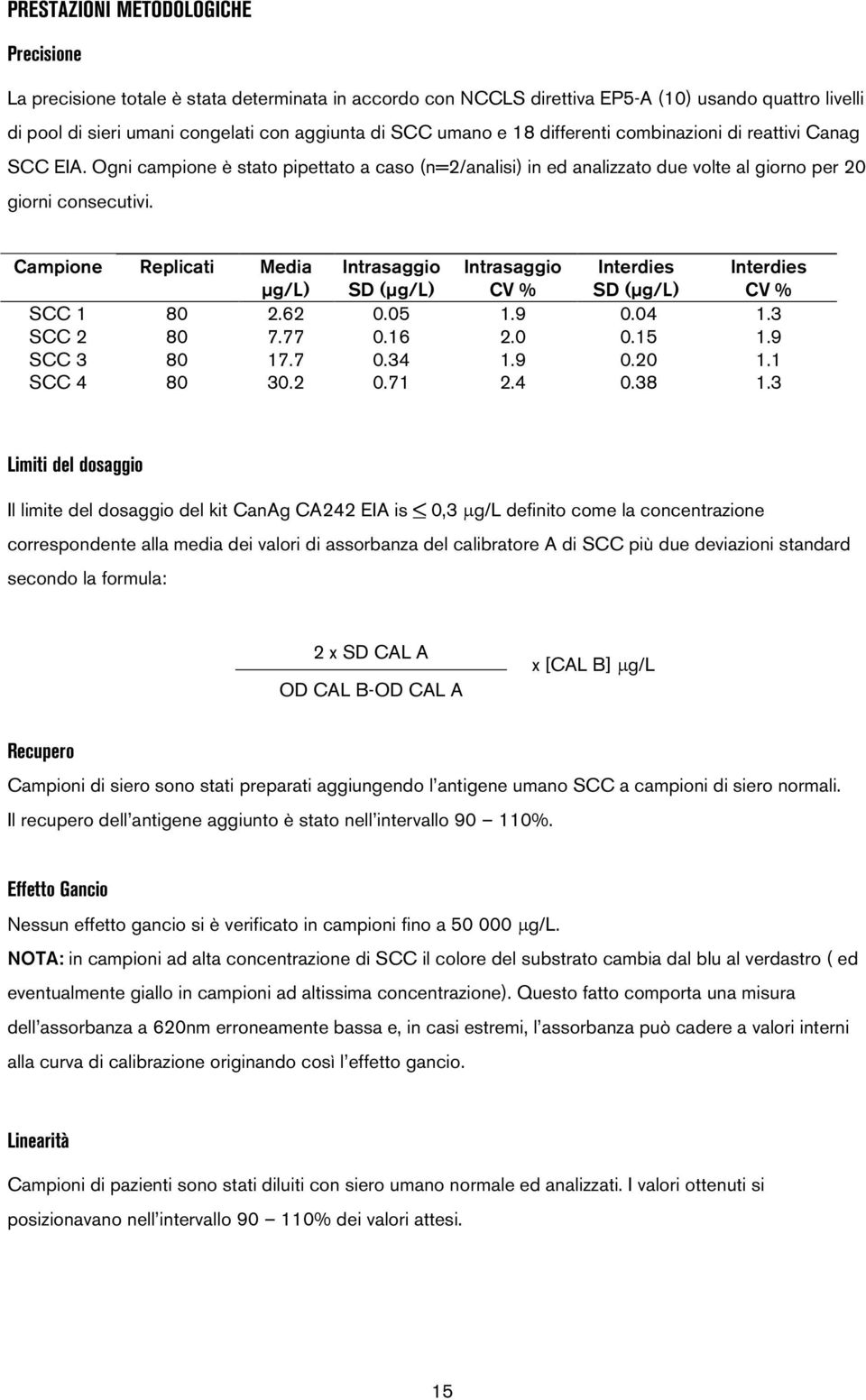 Campione Replicati Media µg/l) Intrasaggio SD (µg/l) Intrasaggio CV % Interdies SD (µg/l) Interdies CV % SCC 1 80 2.62 0.05 1.9 0.04 1.3 SCC 2 80 7.77 0.16 2.0 0.15 1.9 SCC 3 80 17.7 0.34 1.9 0.20 1.