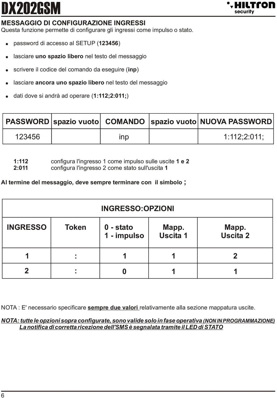 messaggio dati dove si andrà ad operare (1:112;2:011;) PASSWORD spazio vuoto COMANDO spazio vuoto NUOVA PASSWORD 123456 inp 1:112;2:011; 1:112 configura l'ingresso 1 come impulso sulle uscite 1 e 2