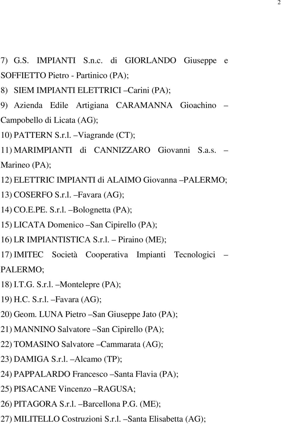 a.s. Marineo (PA); 12) ELETTRIC IMPIANTI di ALAIMO Giovanna PALERMO; 13) COSERFO S.r.l. Favara (AG); 14) CO.E.PE. S.r.l. Bolognetta (PA); 15) LICATA Domenico San Cipirello (PA); 16) LR IMPIANTISTICA S.