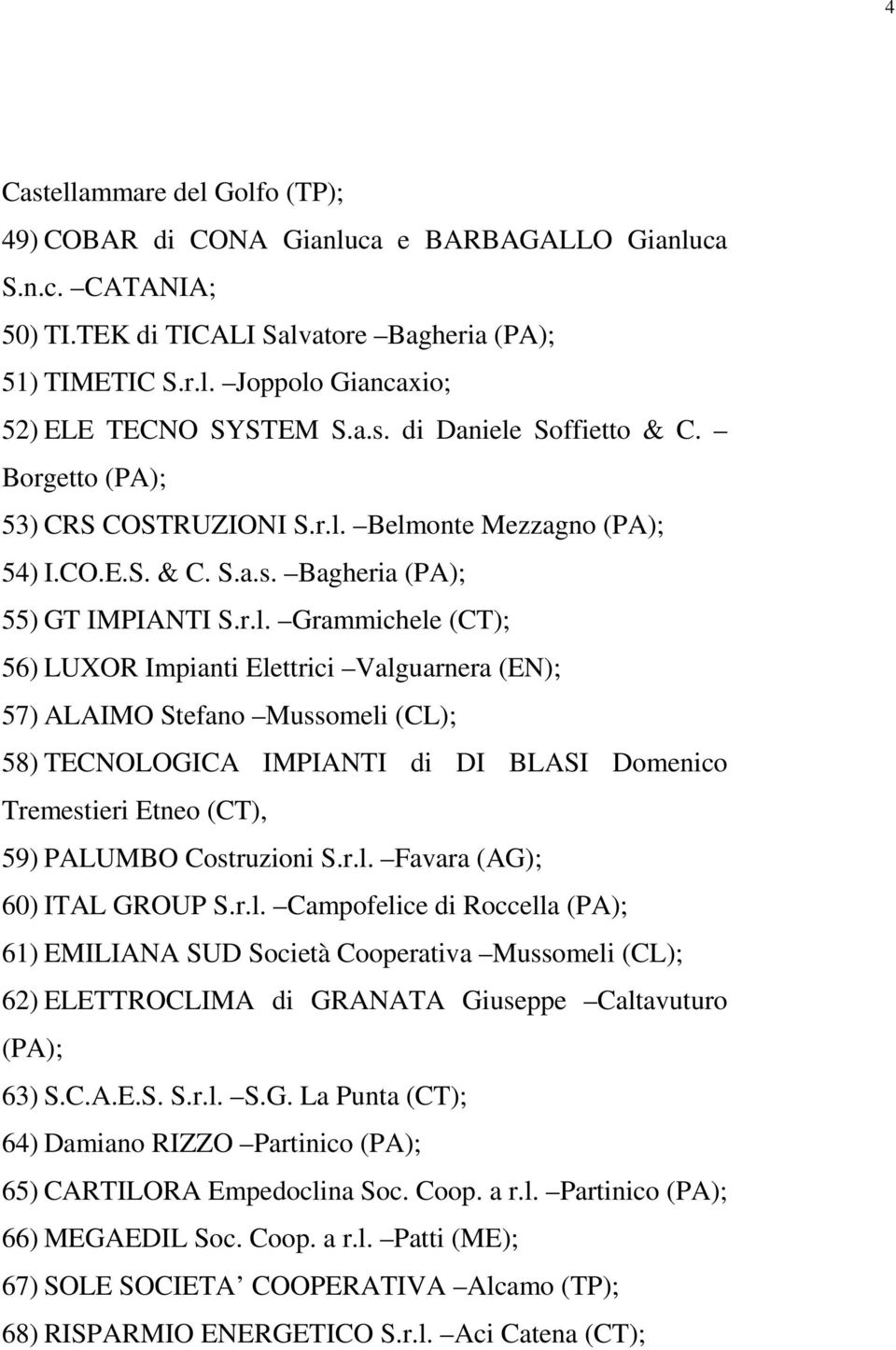 Soffietto & C. Borgetto (PA); 53) CRS COSTRUZIONI S.r.l.