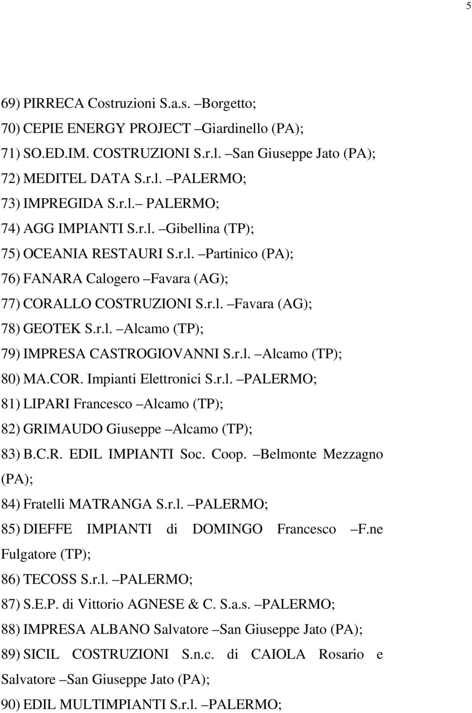 r.l. Alcamo (TP); 80) MA.COR. Impianti Elettronici S.r.l. PALERMO; 81) LIPARI Francesco Alcamo (TP); 82) GRIMAUDO Giuseppe Alcamo (TP); 83) B.C.R. EDIL IMPIANTI Soc. Coop.