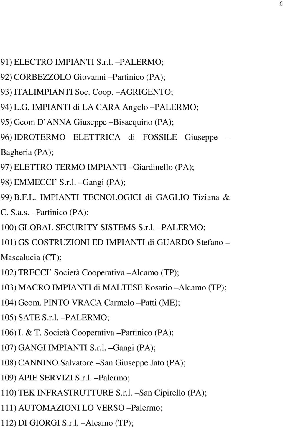 IGENTO; 94) L.G. IMPIANTI di LA CARA Angelo PALERMO; 95) Geom D ANNA Giuseppe Bisacquino (PA); 96) IDROTERMO ELETTRICA di FOSSILE Giuseppe Bagheria (PA); 97) ELETTRO TERMO IMPIANTI Giardinello (PA); 98) EMMECCI S.